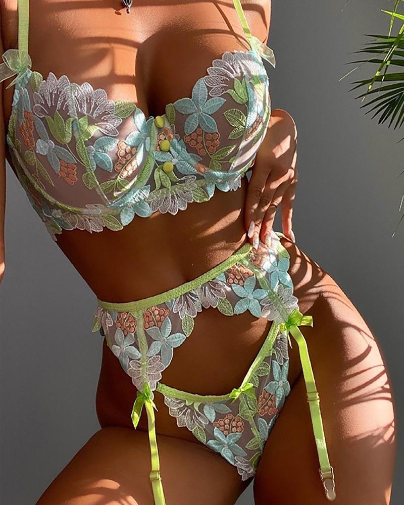

Sheer Mesh Floral Embroidery Garter Lingerie Set, Green