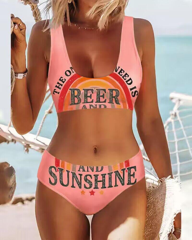 

The Only B. I Need Is Beer And Sunshine Rainbow Stripe Print Bikini Set, Orange