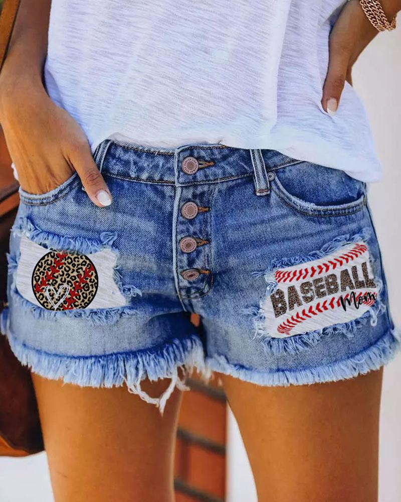 

Baseball Leopard Print Patchwork Ripped Denim Shorts, Blue