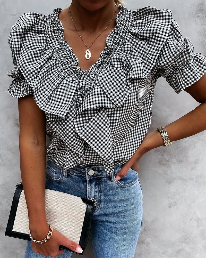 

Plaid Print Ruched Ruffle Hem Top, Black