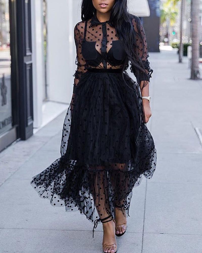 

Long Sleeve Dots Sheer Mesh Dress, Black