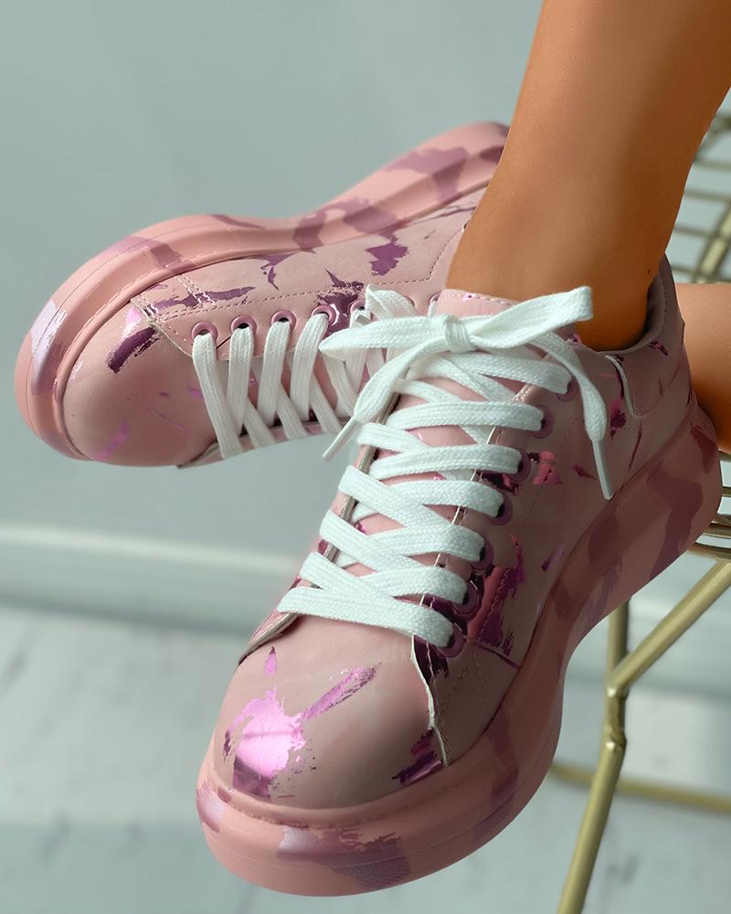 

Abstract Print Lace-up Flatform Sneaker, Pink