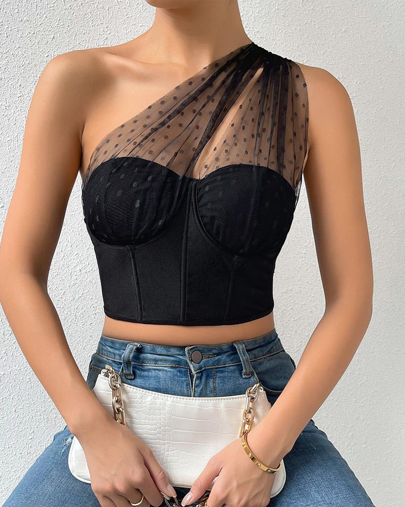 

Contrast Mesh One Shoulder Corset Crop Top, Black