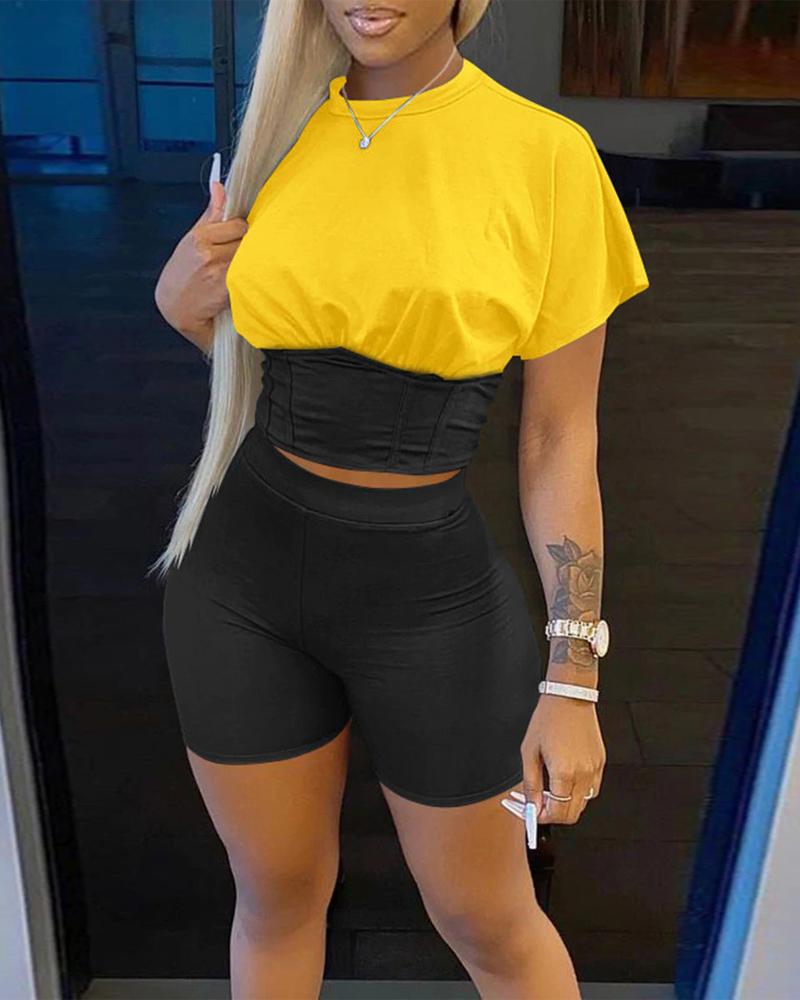 

Colorblock Corset Design Crop Top & Shorts Set, Yellow