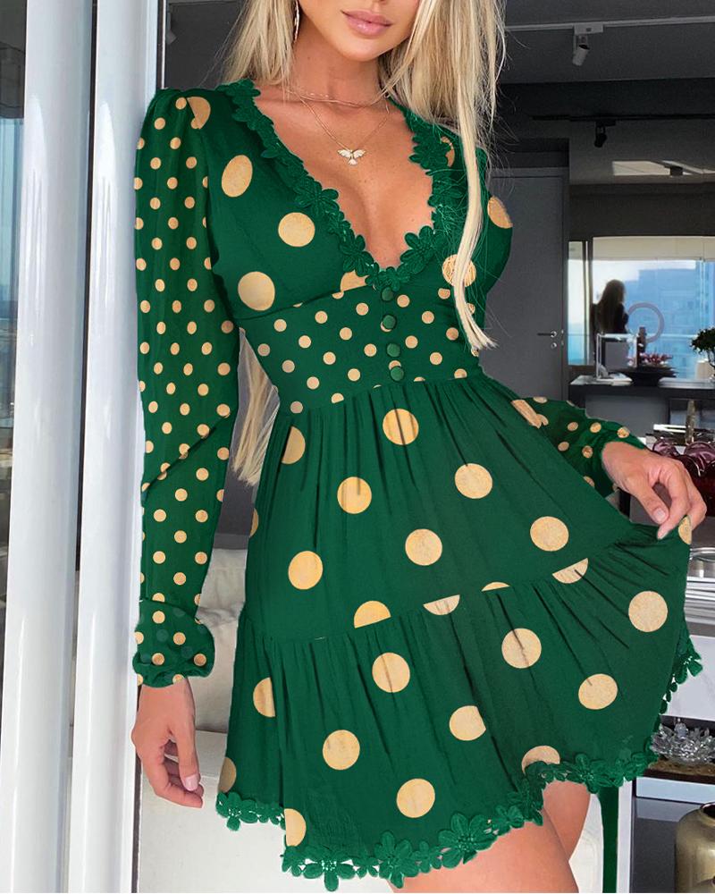 

Polka Dot Print Lace Trim Ruched Dress, Green