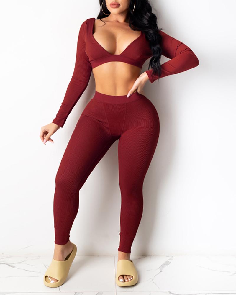 

Ribbed Long Sleeve Backless Crop Top & Skinny Pants Set, Wine red