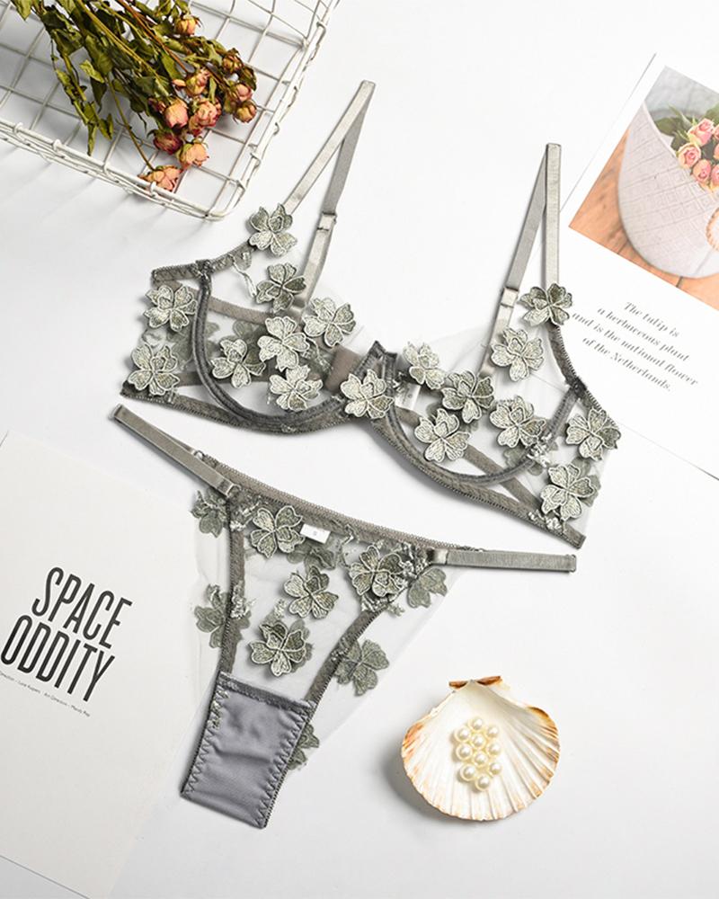 

See-through Sexy Splicing Embroidery Bra Sets, Gray