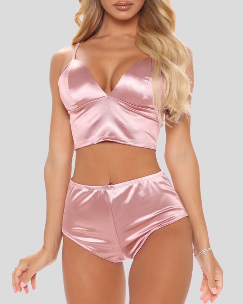 

Satin Spaghetti Strap Lingerie Set, Pink