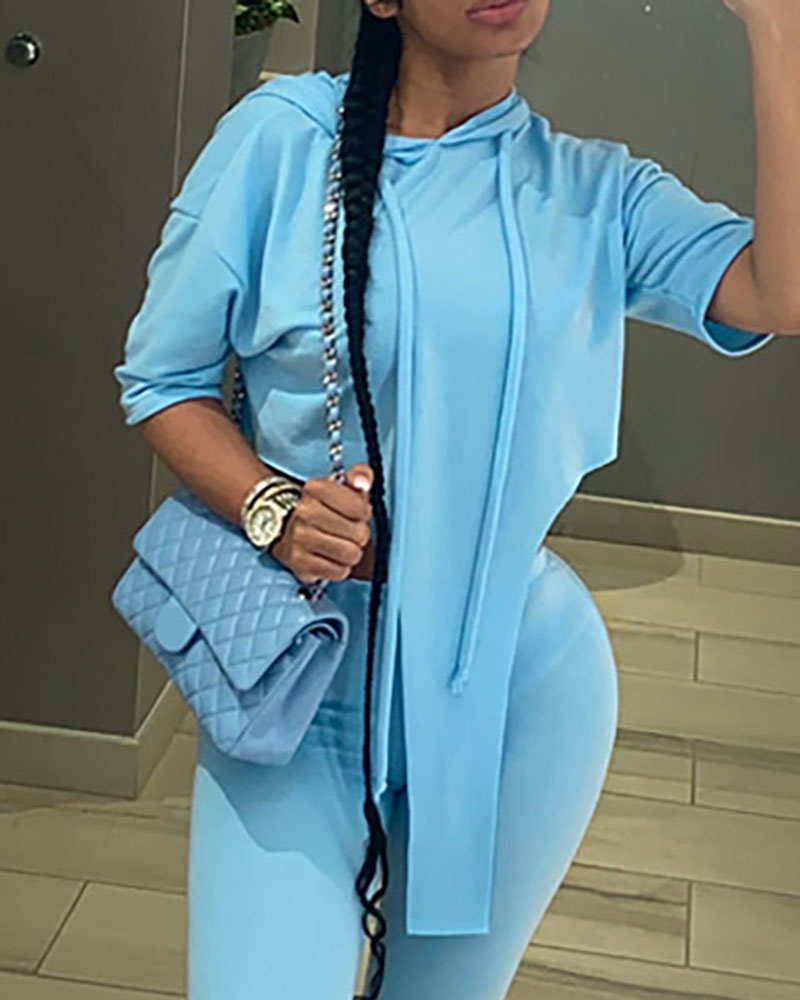 

Hooded Drawstring Plain Top & Pants Sets, Blue
