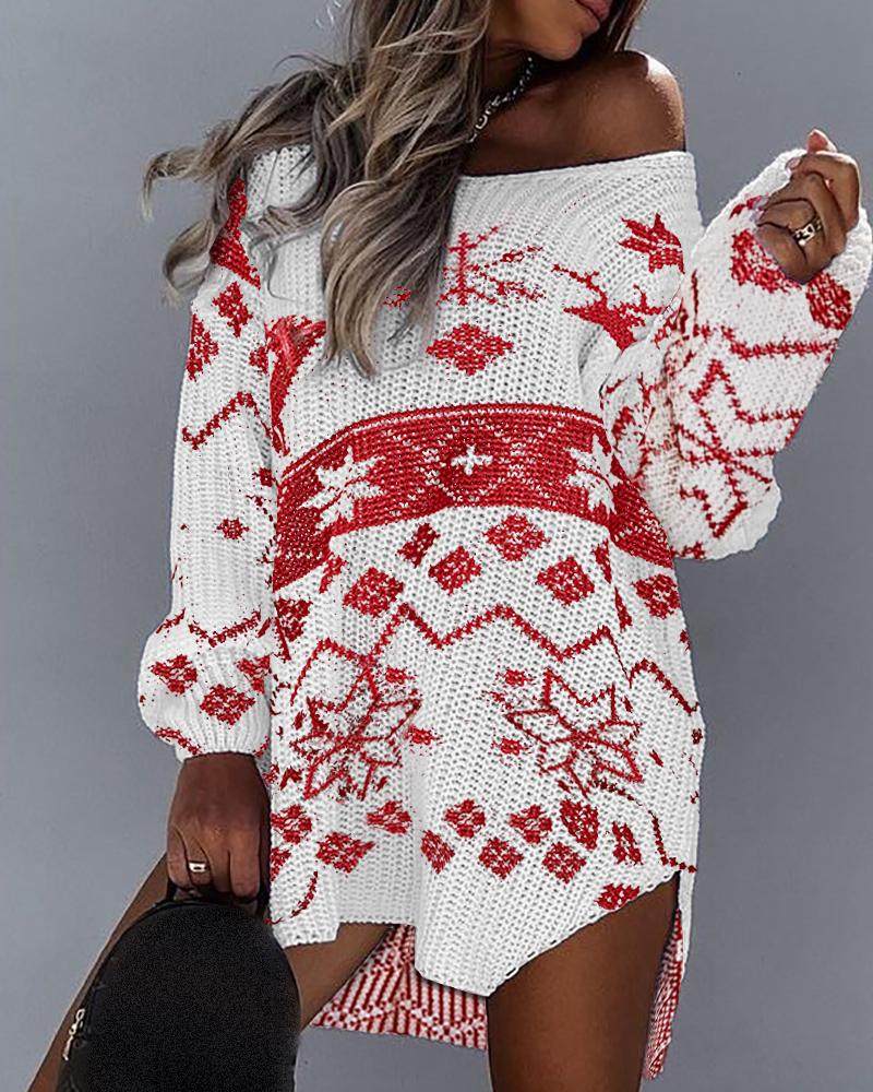 

Christmas Snowflake Elk Pattern High Low Split Hem Sweater Dress, White