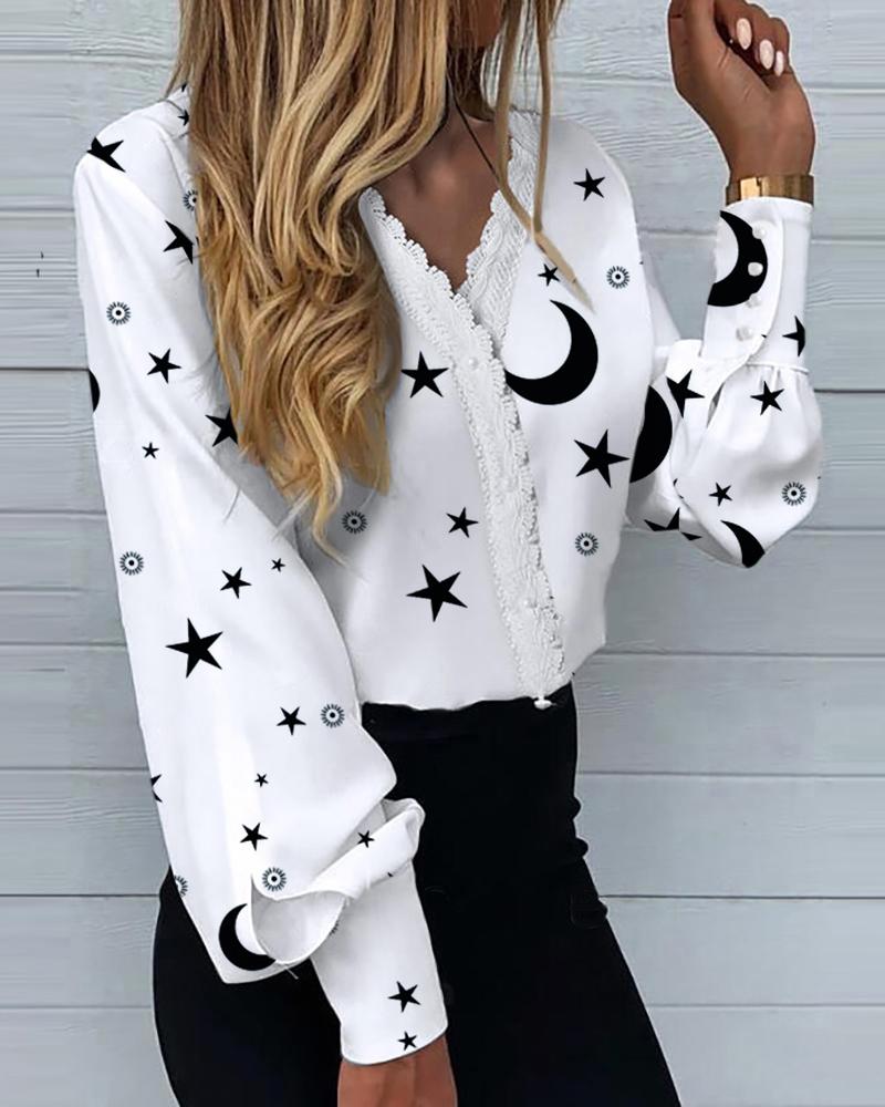 Lantern Sleeve Star Moon Print Lace Patch Top