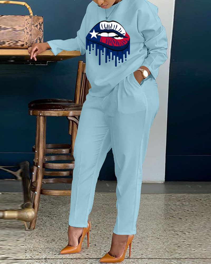 

Lip Print Long Sleeve Casual Top & Pants Set, Lighted blue