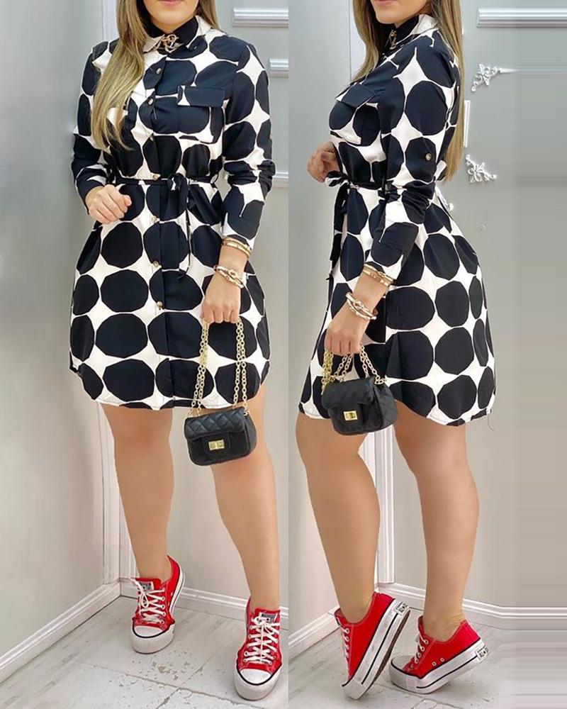 

Polkadot Print Pocket Design Long Sleeve Shirt Dress, Black