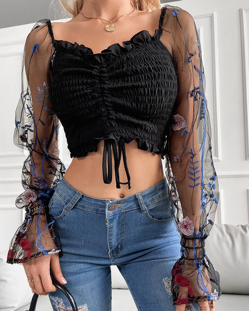 

Floral Embroidery Mesh Bell Sleeve Shirred Crop Top, Black