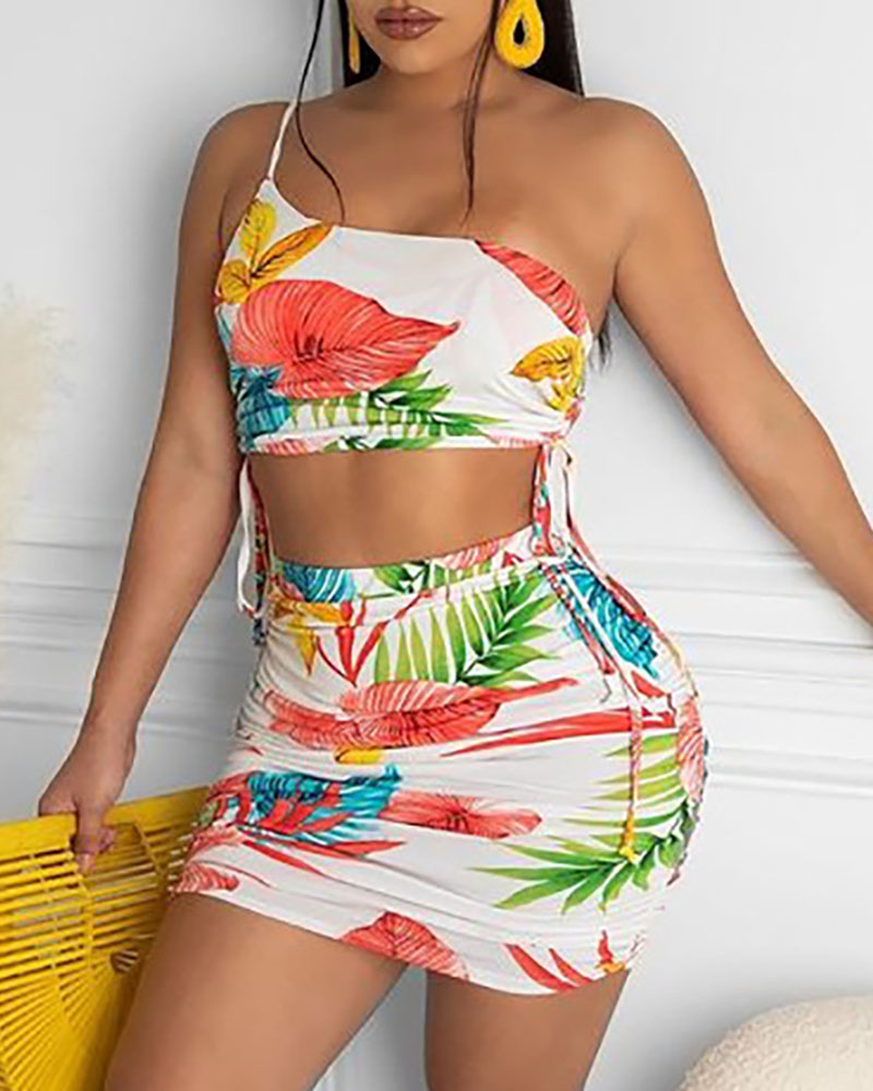 

Tropical Print One Shoulder Crop Top & Ruched Skirt Set, White