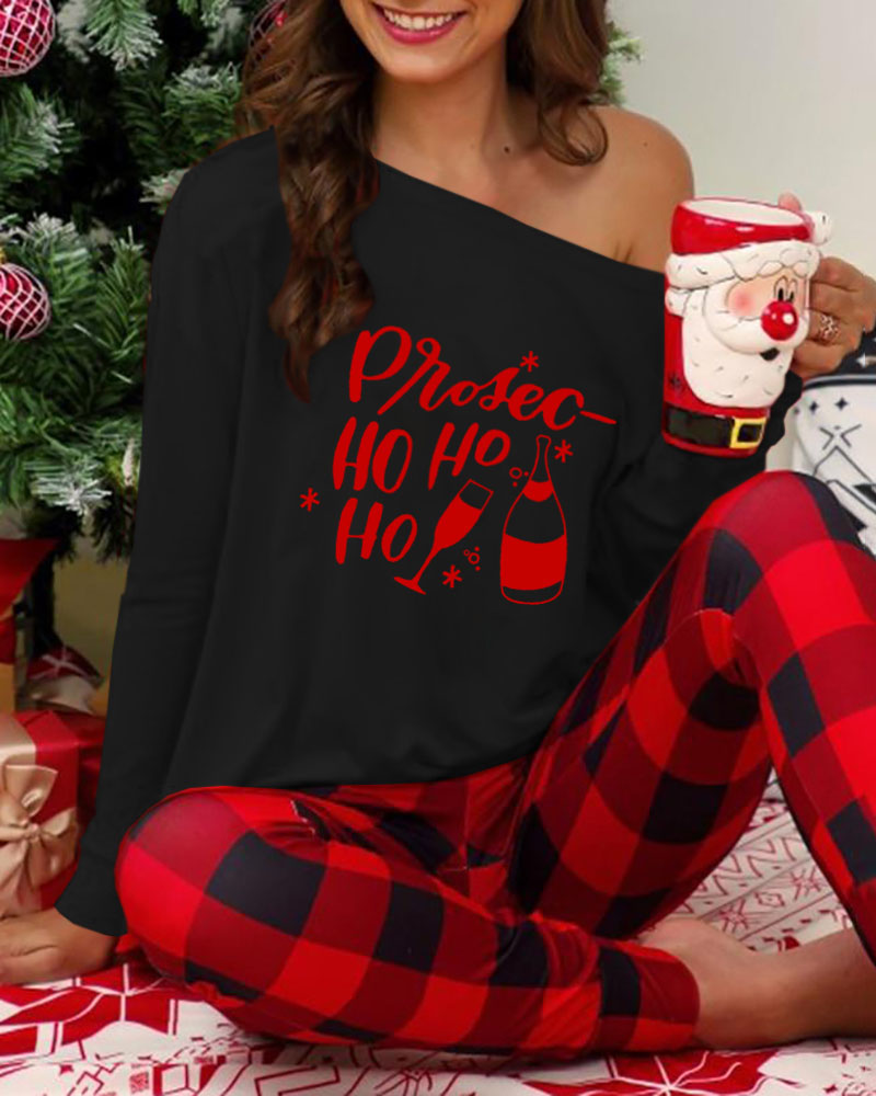 

Christmas Letter Plaid Print Long Sleeve Pajamas Set, Black