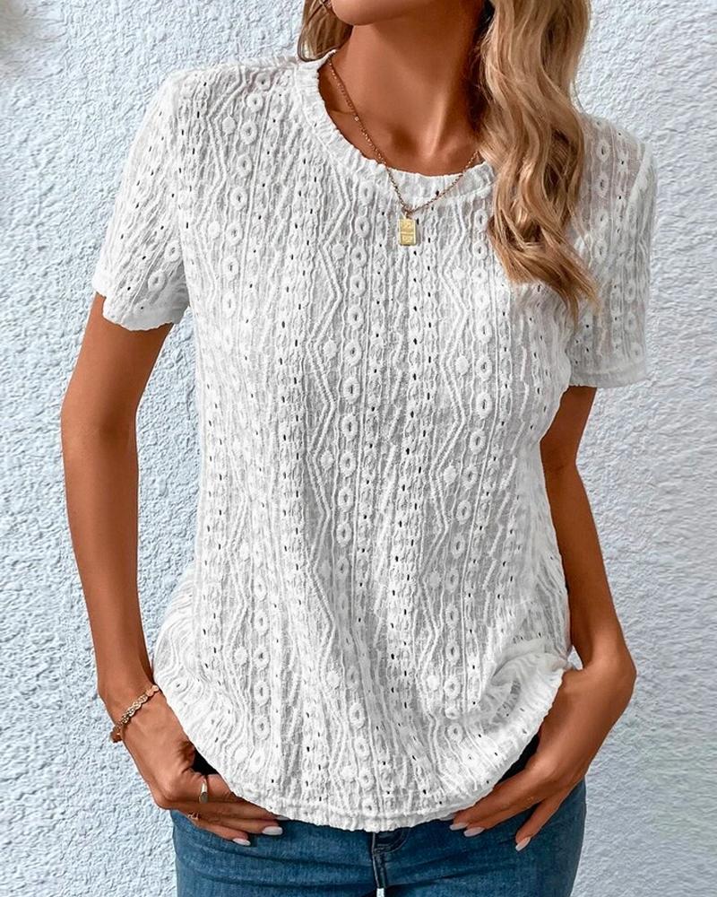 

Eyelet Embroidery Round Neck Textured T-shirt, White