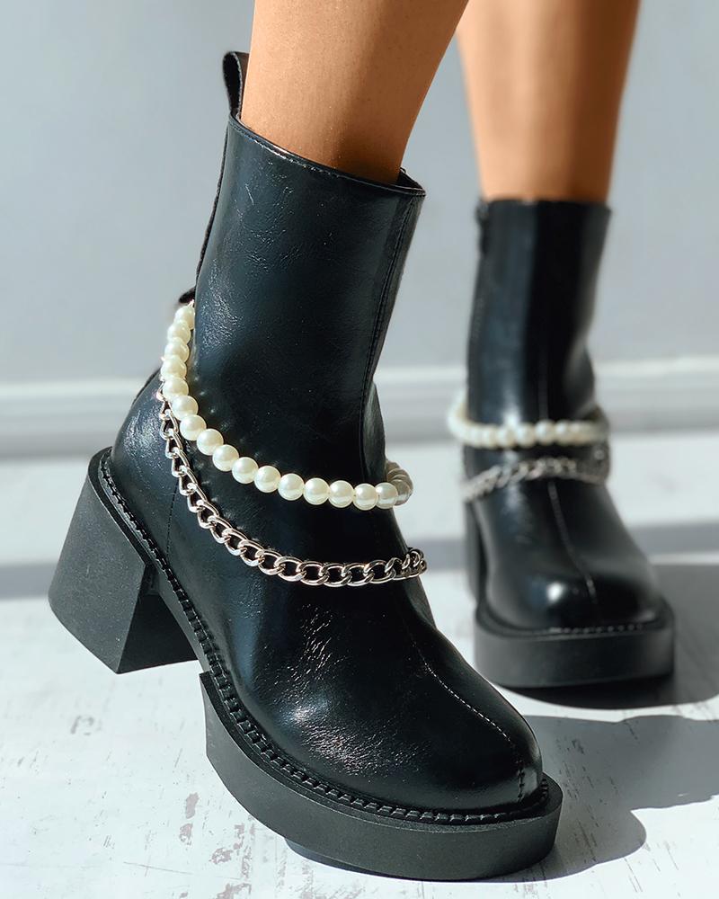 

Chain Beaded Strap Chunky Ankle Boots, Black
