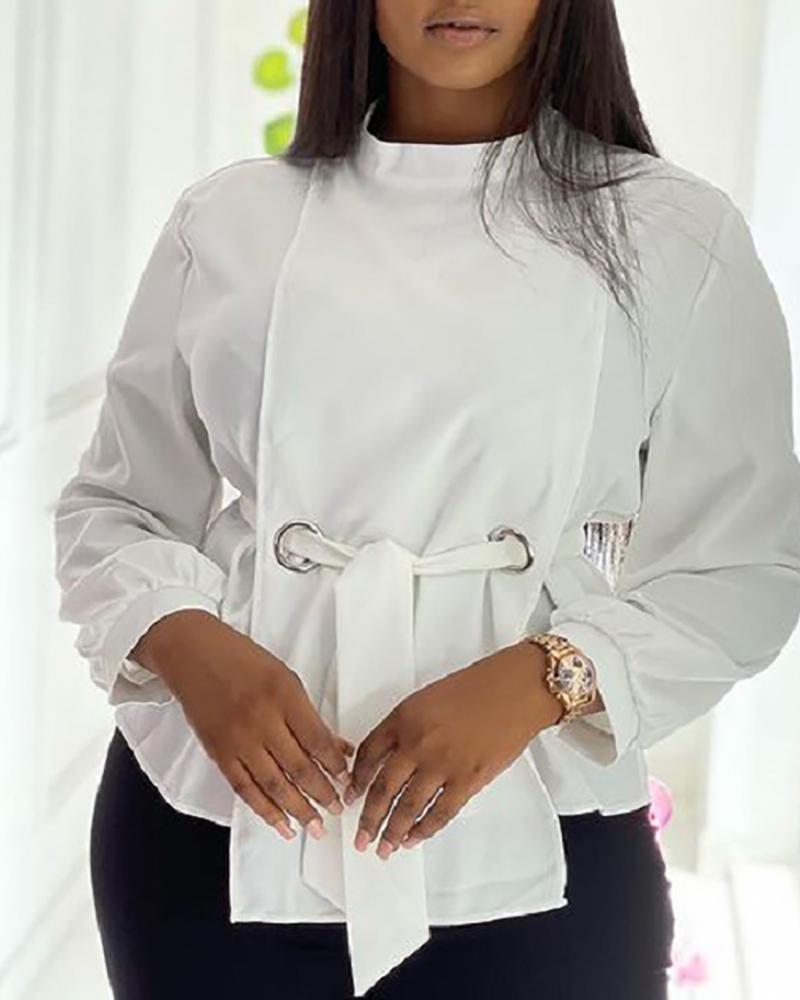 

Plus Size Eyelet Ruched Tie Front Long Sleeve Top, White