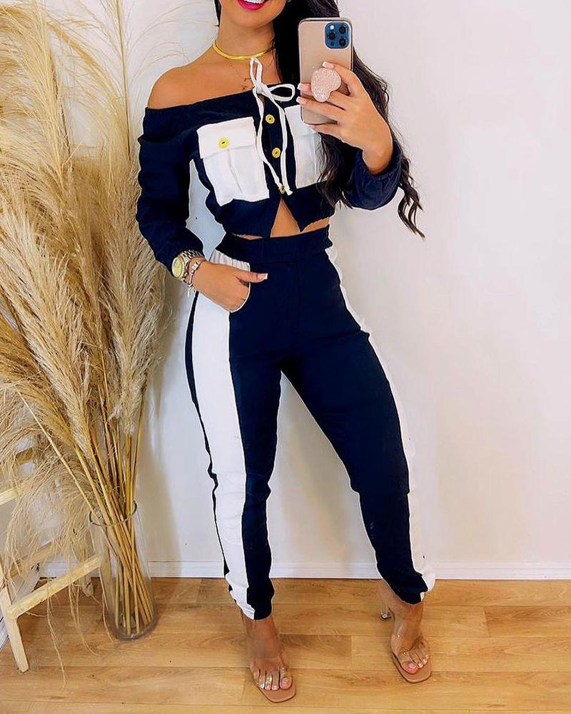 

Off Shoulder Colorblock Top & Pants Set, Blue