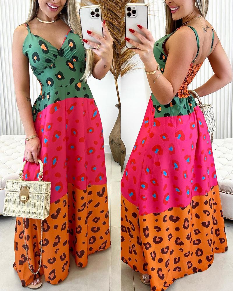 

Colorblock Leopard Print Spaghetti Strap Maxi Dress, Multicolor