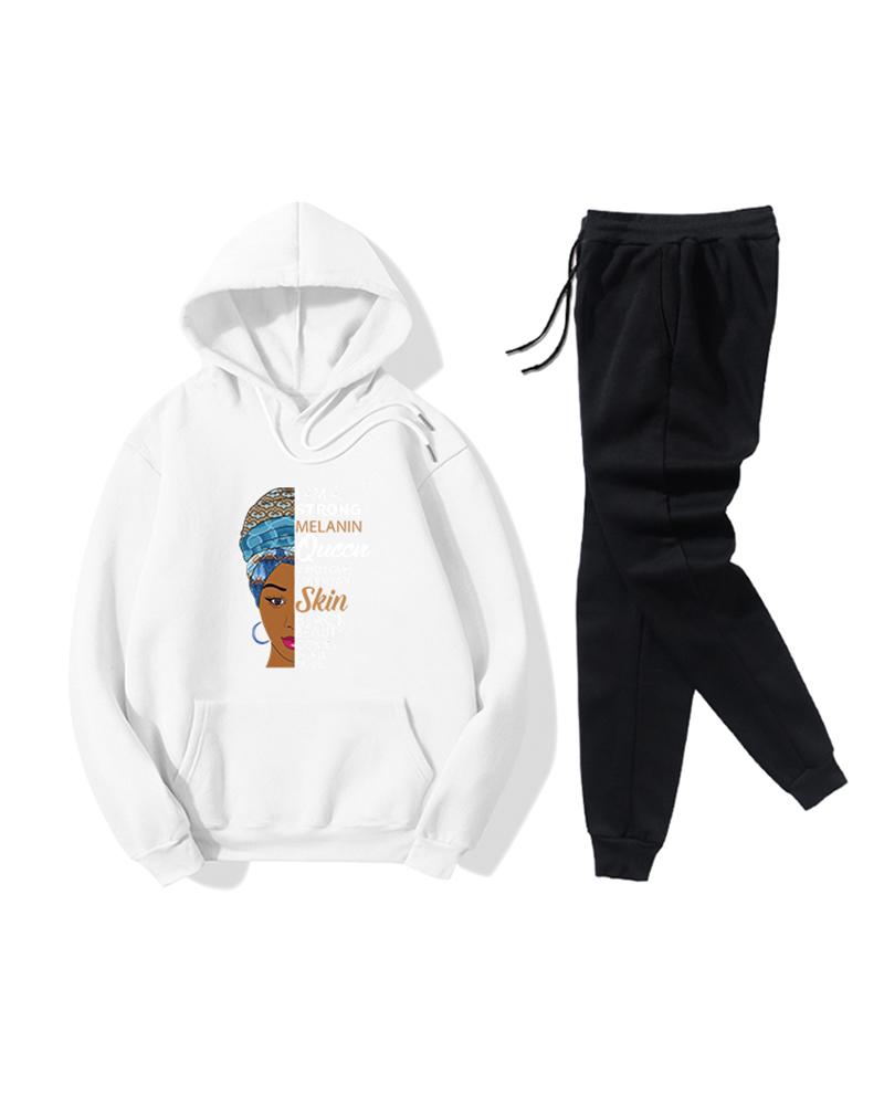 

Face Print Long Sleeve Hooded Loose Sweatshirts Suit Sets, White
