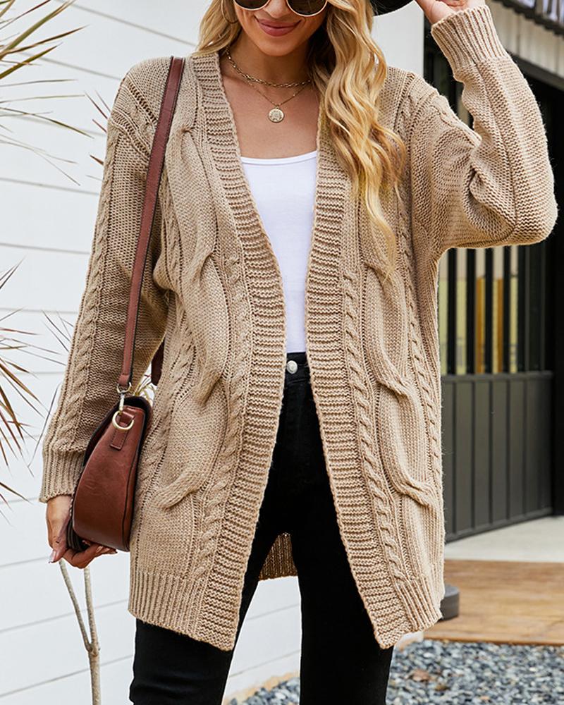 

Long Sleeve Open Front Cable Knit Cardigan, Khaki