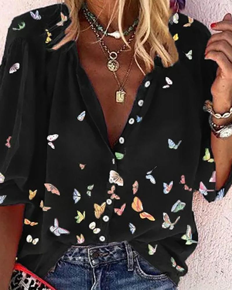 

Butterfly Print Button Front Half Sleeve Shirt, Black