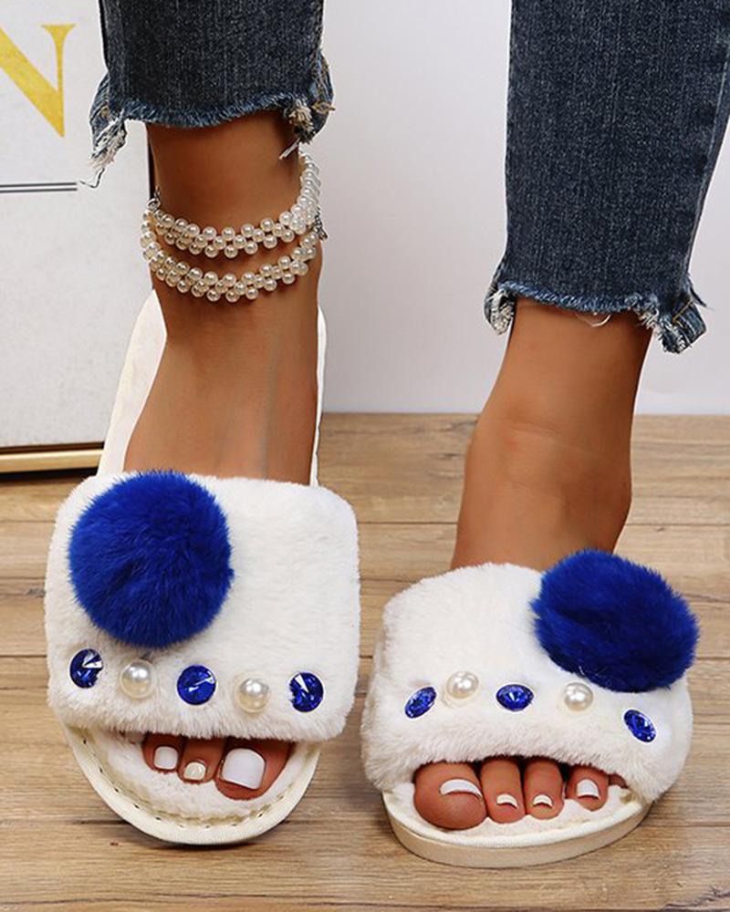 

Pom Pom Pearls Decor Fuzzy Slippers, Blue