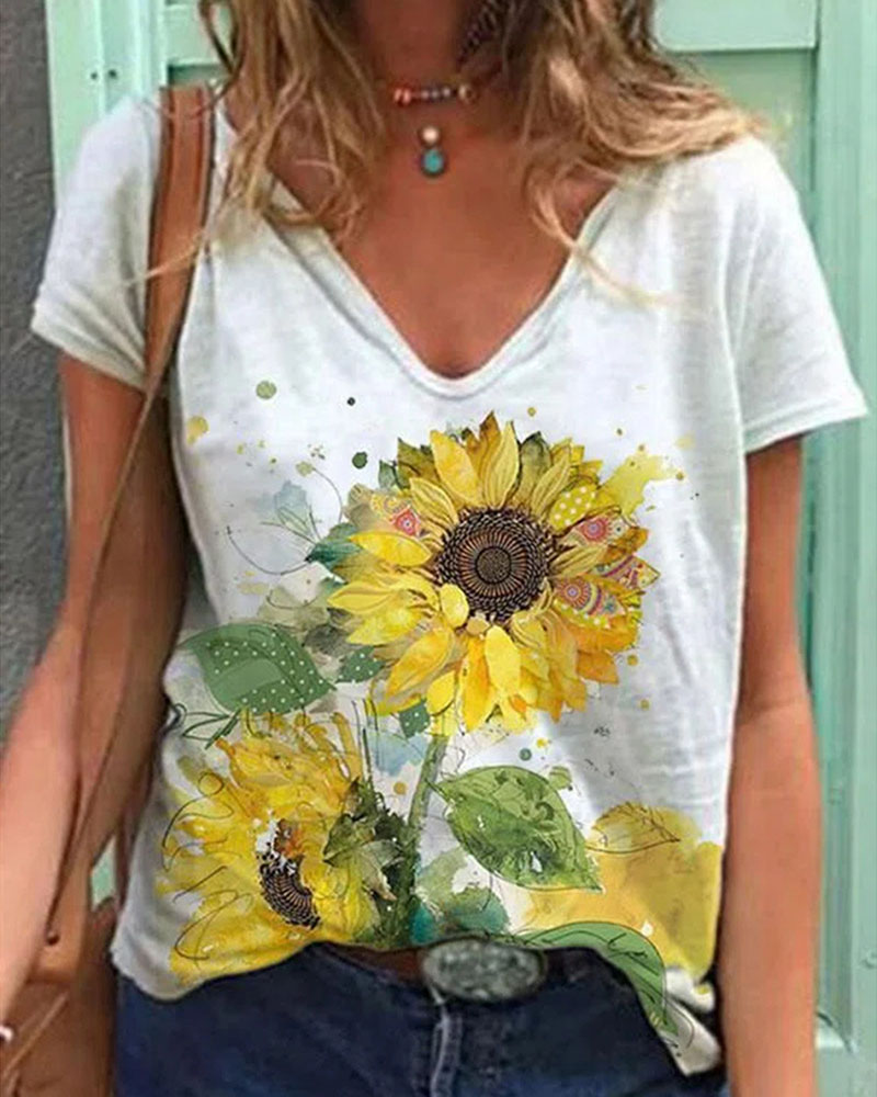 

Sunflower Print V-Neck Short Sleeve Casual T-shirt, White