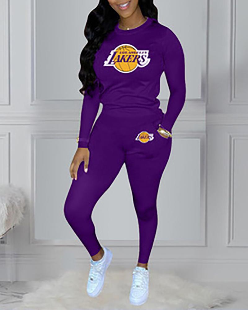 

NBA Team Logo Print Long Sleeve Top & Pocket Design Pants Set, Purple