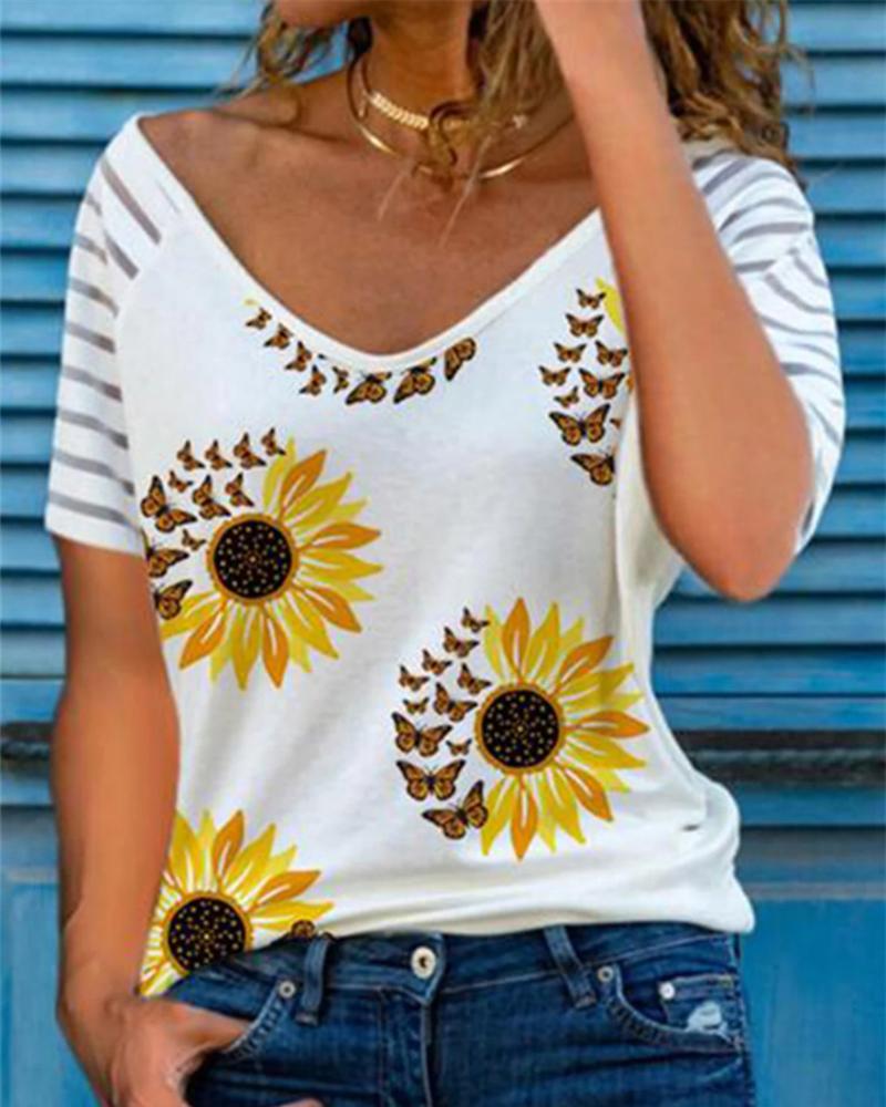 

Sunflower Print Shprt Sleeve Loose T-shirts, White