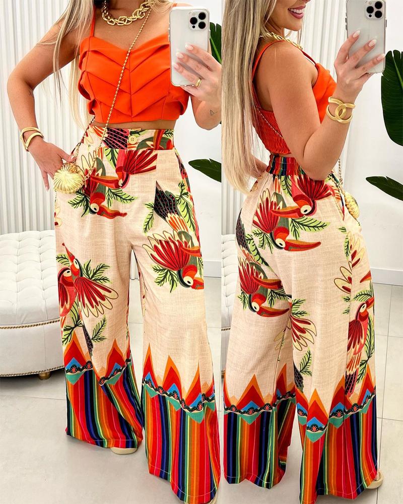 

Rainbow Striped Tropical Bird Print Wide Leg Pants, Apricot