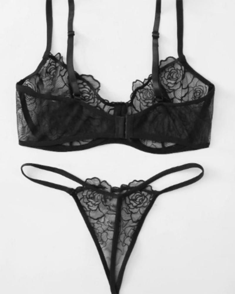 

Sexy See-through Floral Pattern Sling Bra Sets, Black