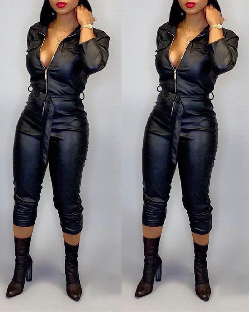 Long Sleeve Zip Front PU Leather Belted Jumpsuit