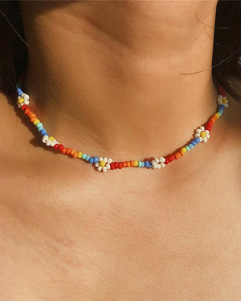 

Rainbow Color Daisy Pattern Beads Choker Necklace, Multicolor