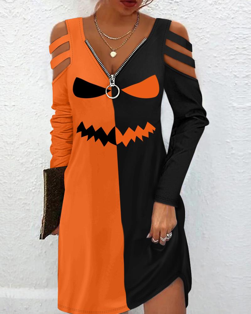 

Halloween Scary Face Print Colorblock Cold Shoulder Dress, Orange