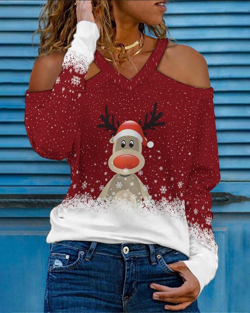 

Christmas Cold Shoulder Snowflake Elk Print Top, Dark red