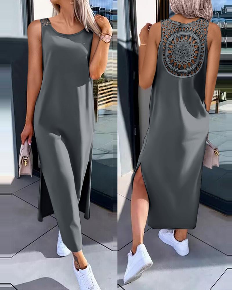 

Vestido regata de verão sem mangas com renda vazada e fenda lateral, Dark grey