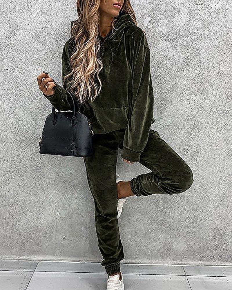 

Pocket Design Long Sleeve Flannel Hooded Top & Pants Set, Army green