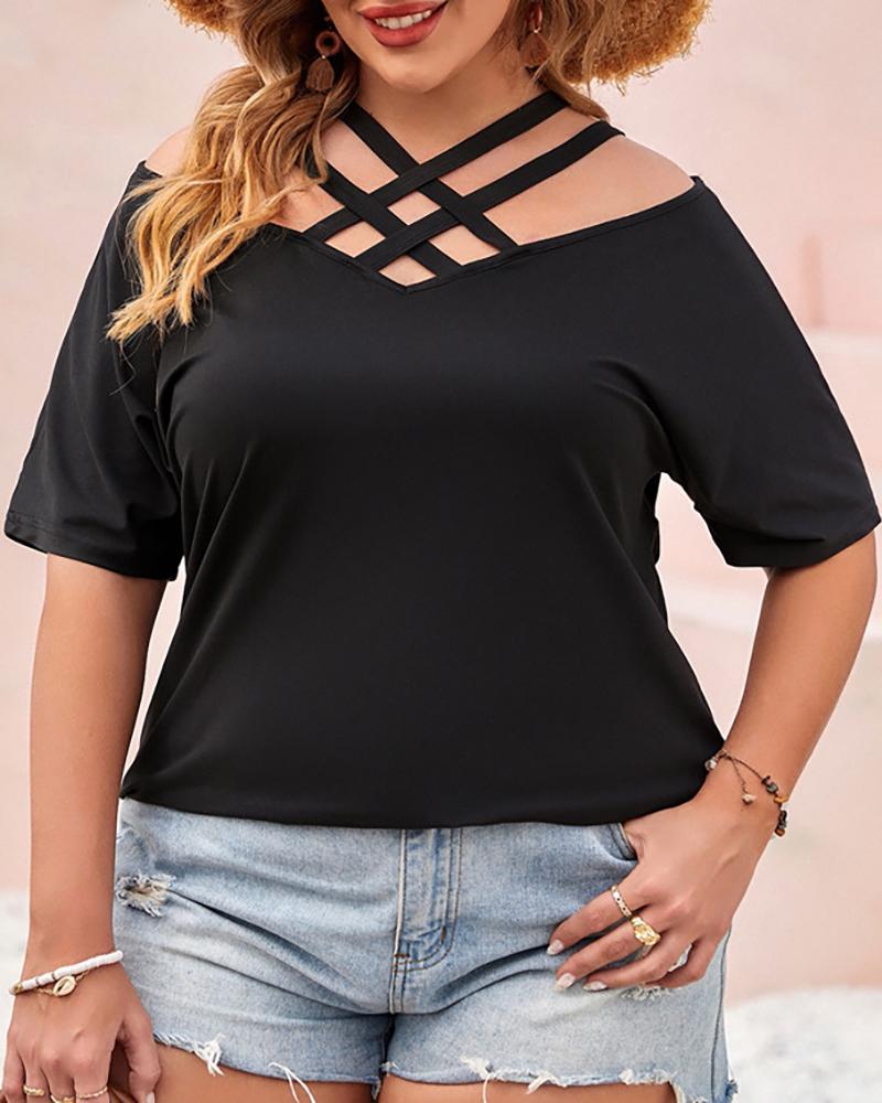 

Plus Size Cold Shoulder Cutout Short Sleeve T-shirt, Black