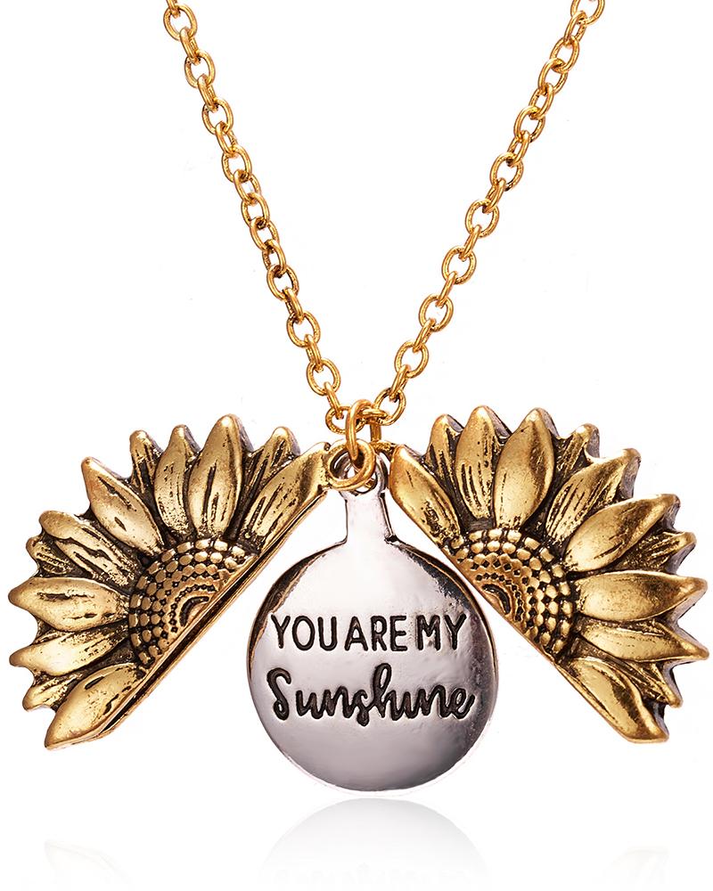 

1pc Engraved Hidden Message You Are My Sunshine Sunflower Locket Necklace, Gold