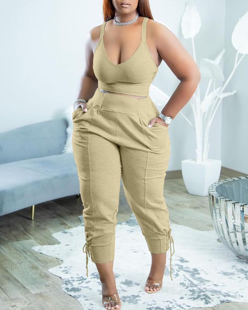 

Thin Strap Crop Top & Eyelet Lace-up Pants Set, Khaki