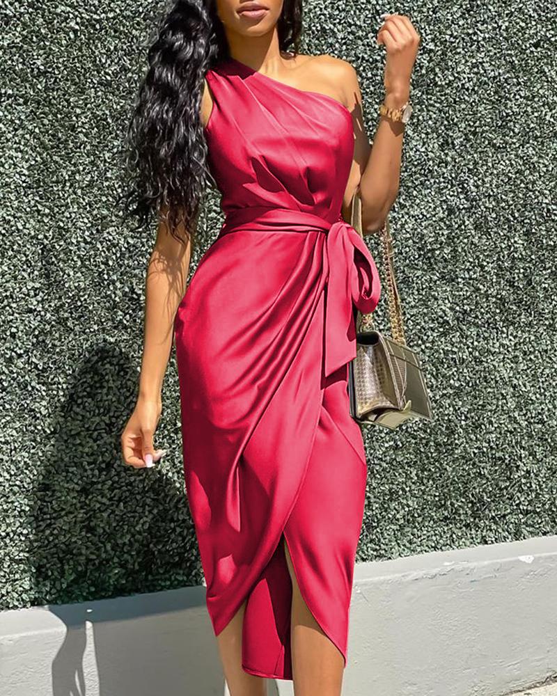 

One Shoulder Ruched Slit Party Dress, Hot pink