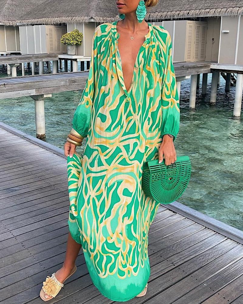 

Abstract Print Lantern Sleeve Shirt Dress, Green