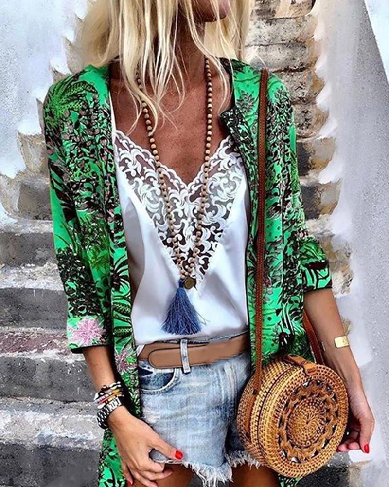 

Botanial Print Long Sleeve Coat, Green