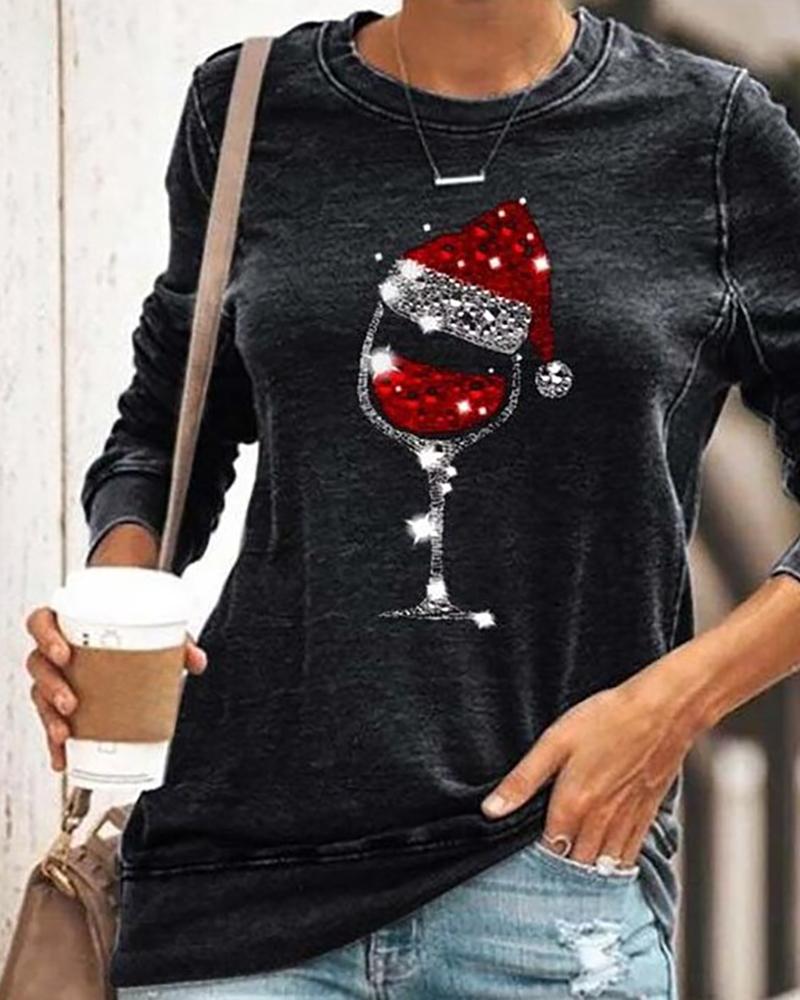 

Christmas Wineglass Hat Print Casual Sweatshirt, Black
