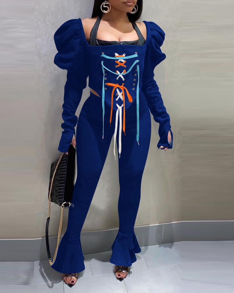 

Eyelet Lace-up Puffed Sleeve Top & Flared Leg Pants Set, Dark blue