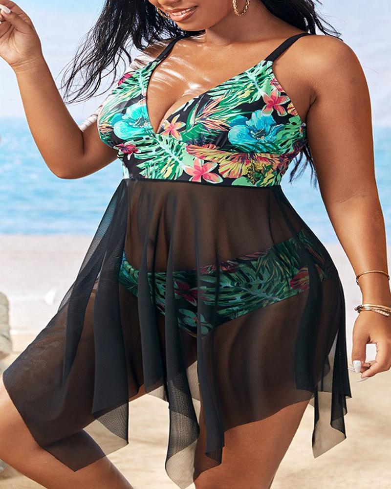

Plus Size Tropical Print Sheer Mesh Tankini Set, Multicolor