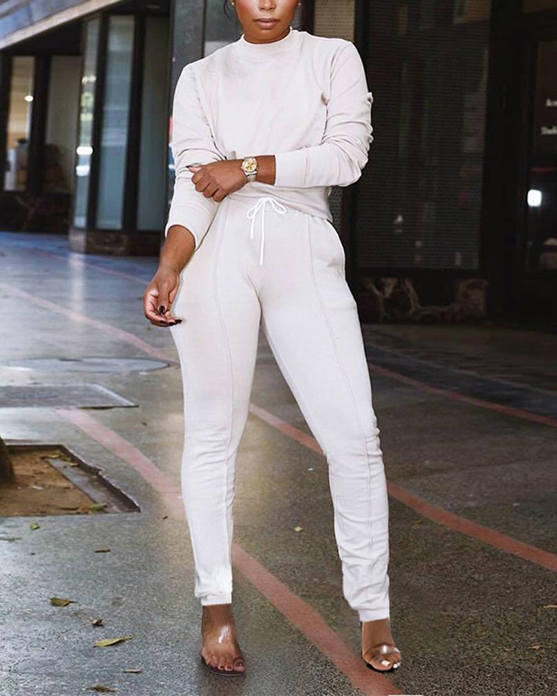 

Long Sleeve Crop Top & Drawstring Pocket Pants Set, White